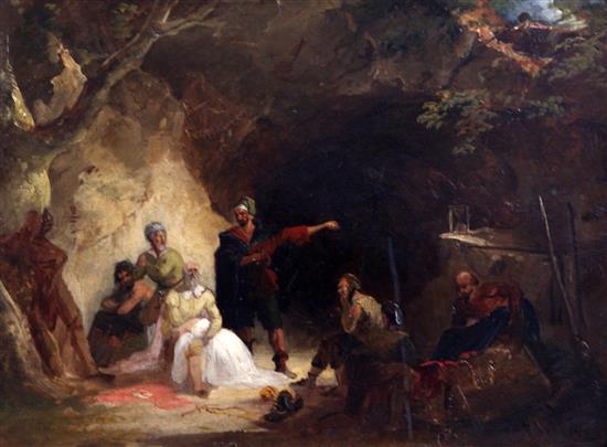 John Hamilton Mortimer (1740-1779) A theatrical scene with figures outside a cave, 13 x 17.5in.